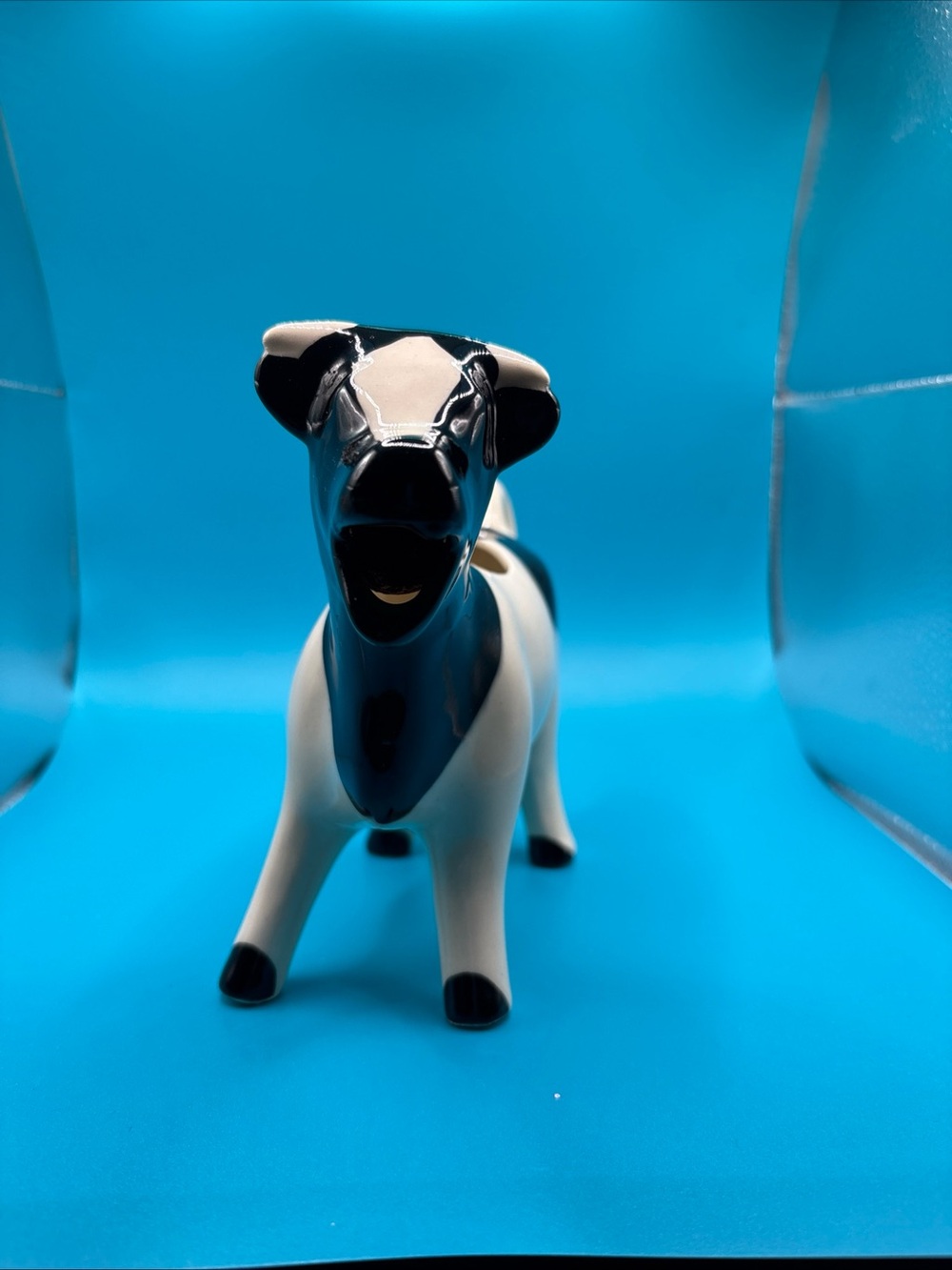 Glossy Black & White Ceramic Cow Creamer Figurine